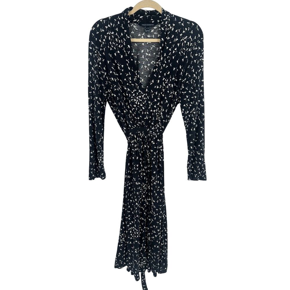 French Connection Midi Dress 10 Black White Floral Polka Dot Long Sleeve Stretch